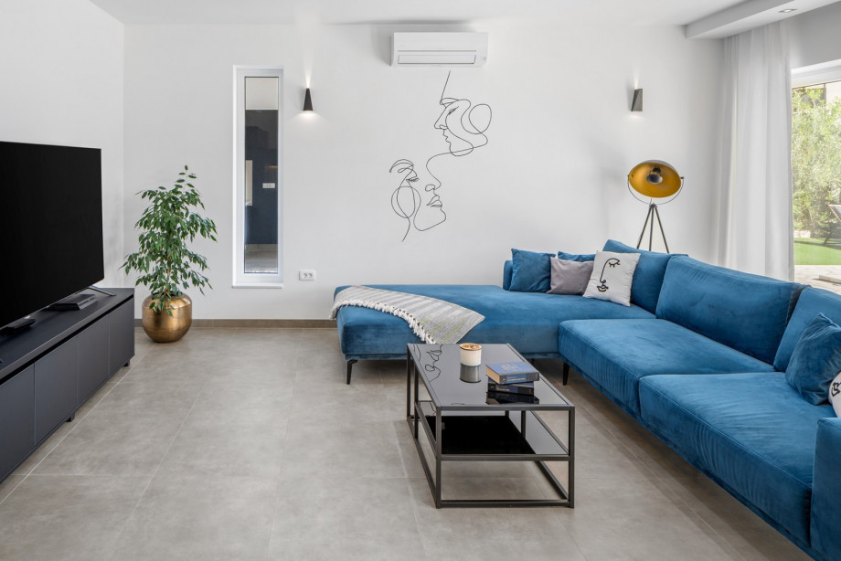 Stylish living room with comfy sofa and TV.