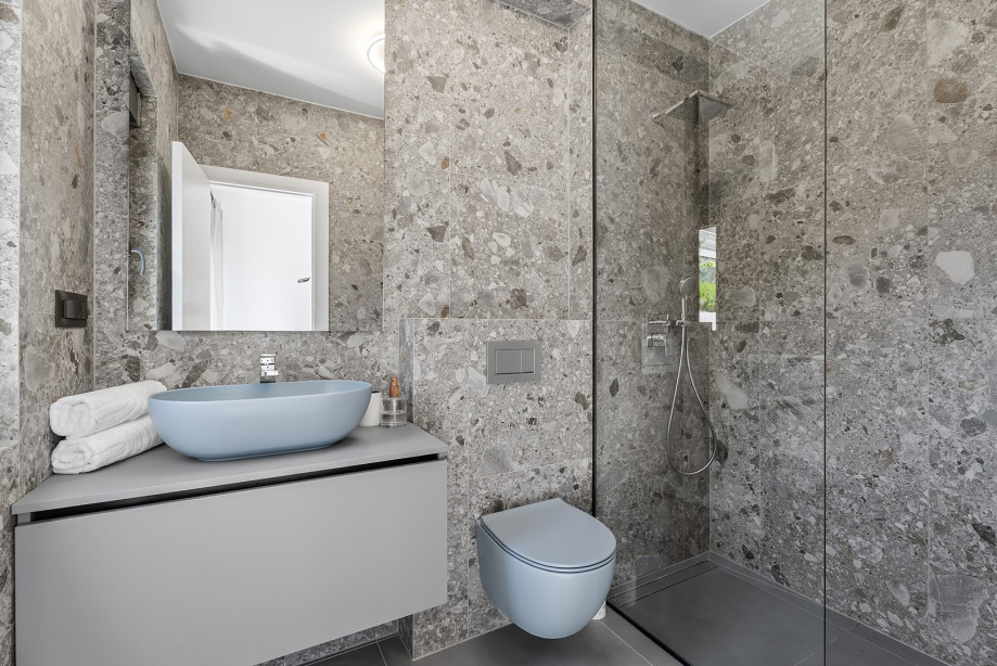 En-suite Badezimmer mit Dusche, Handtüchern und Haartrockner.
