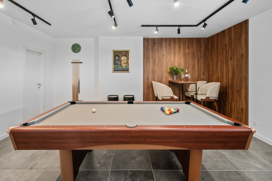 There is a fun zone with a Billiard (Pool table), darts, a TV and bar table, a bathroom with a shower