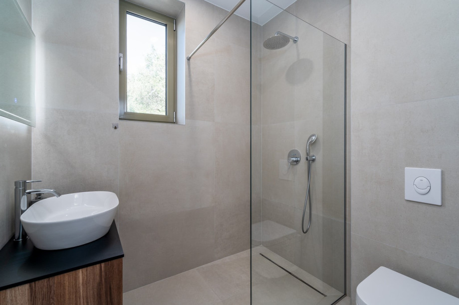 An en-suite bathroom with a shower, a sink, and a toilet
