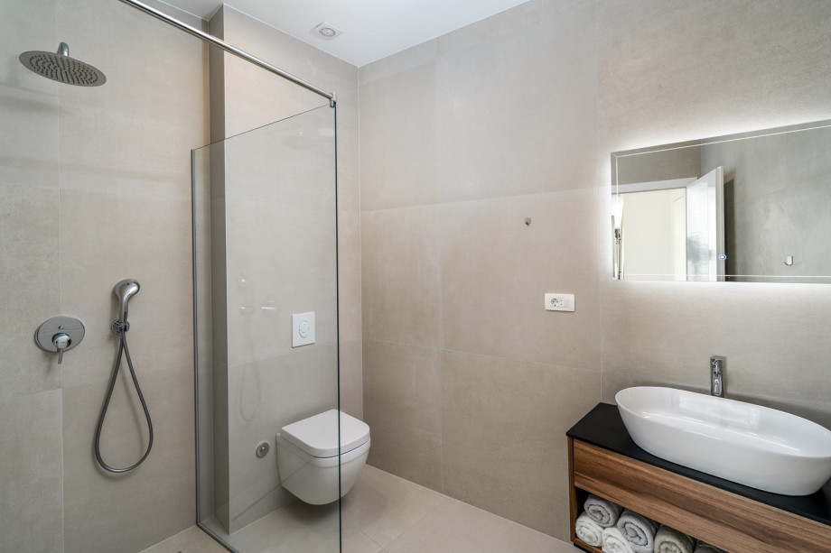 An en-suite bathroom with a shower, a sink, and a toilet