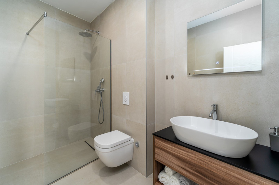 An en-suite bathroom with a shower, a sink, and a toilet