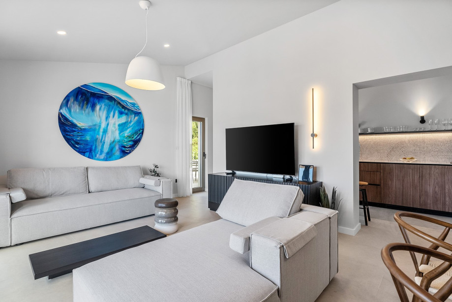 A living room offers an internet-enabled TV with streaming services (such as Netflix) and air-conditioning