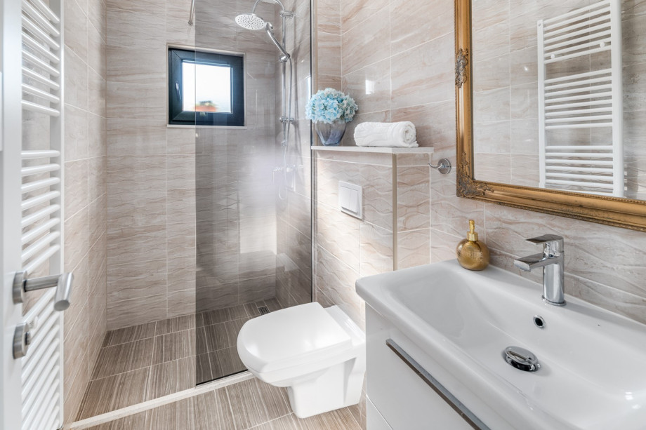 There is a family bathroom located on the first floor with a shower, a toilet and a sink