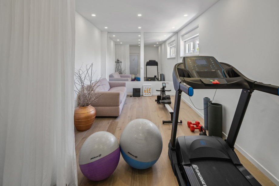 The Gym offers a Treadmill, a Rowing Machine, some Weights, and a Pilates ball