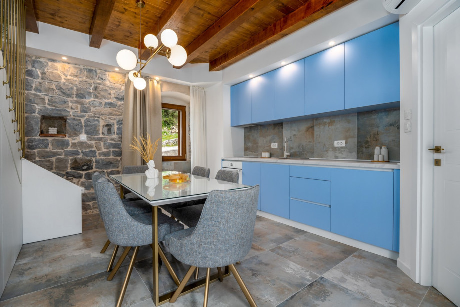 Kitchen with a pool view