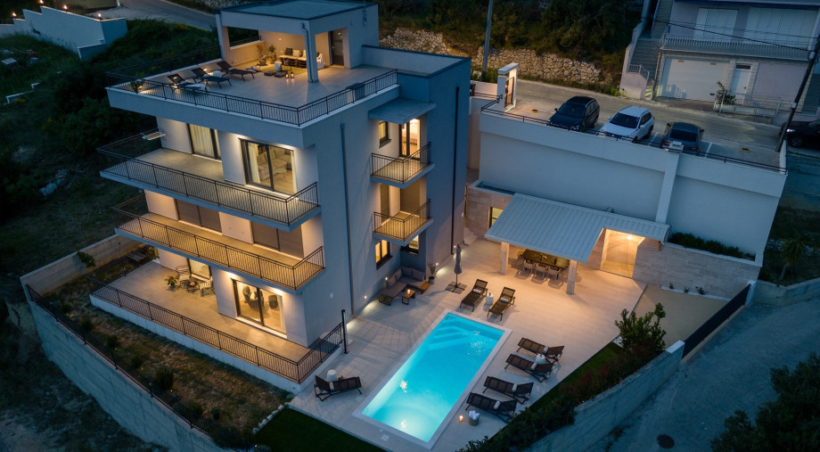 Night view of the villa and outside area