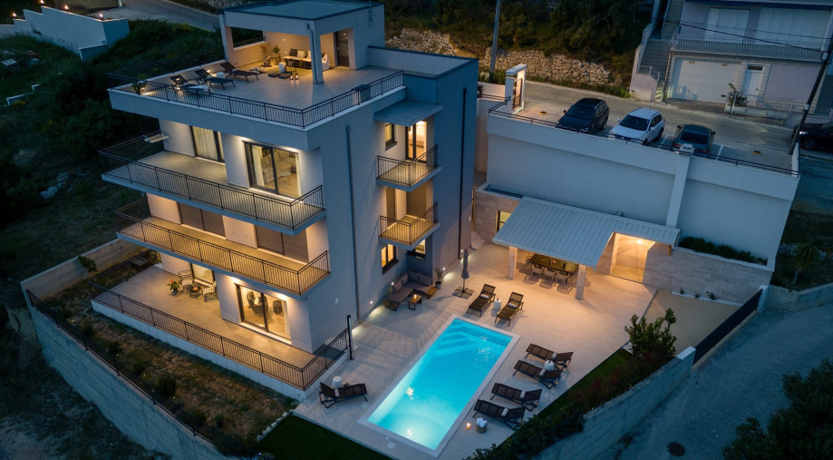 Night view of the villa and outside area