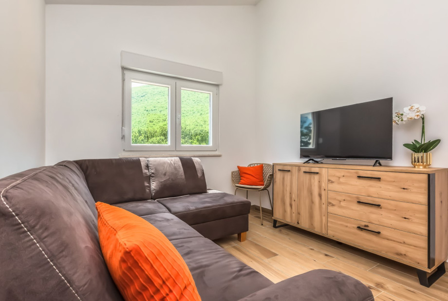 Media room with a sofa, a flat screen TV, a PlayStation 4