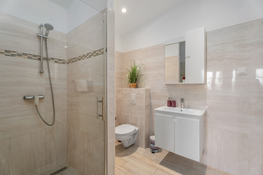 En -suite bathroom with a shower, towels are provided