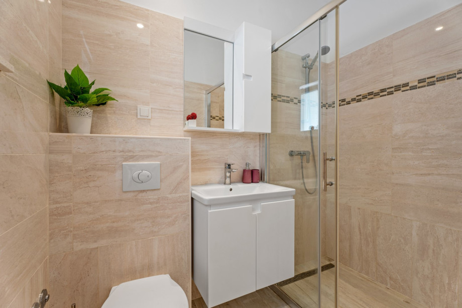 En -suite bathroom with a shower, towels are provided
