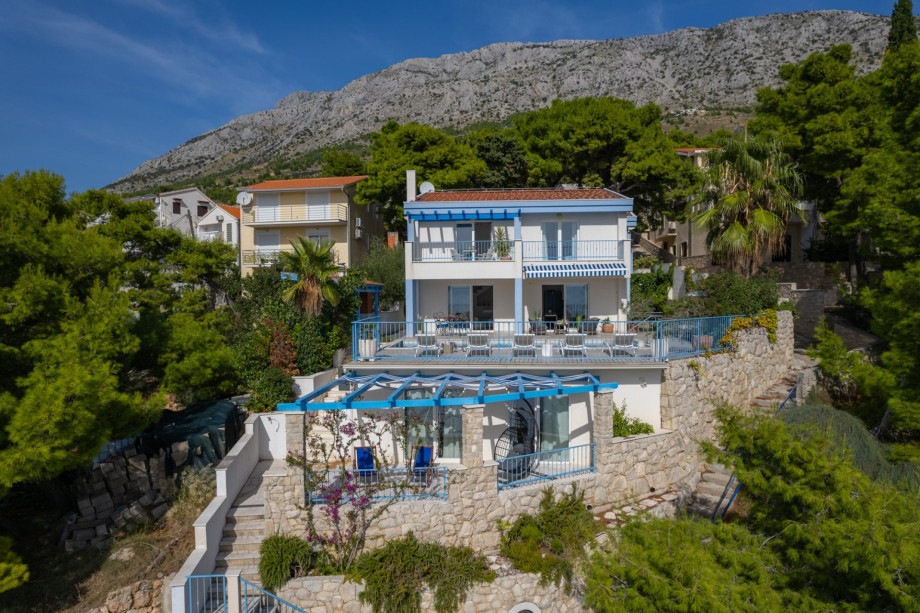 A covered dining area with barbecue (woods, charcoal)
