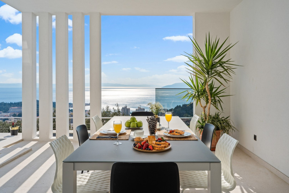 The outdoor offers a covered terrace equipped for an all-day stay, socializing, and consumption of food and drinks.