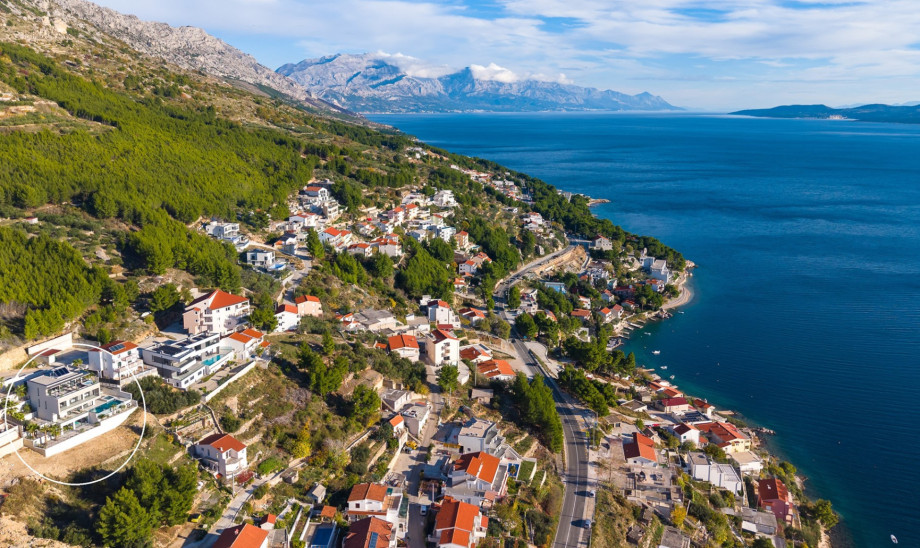 This aerial view shows the truly luxurious 5-bedroom Villa Million Dreams, which sits on a slope, providing breathtaking Dalmatian coast views.