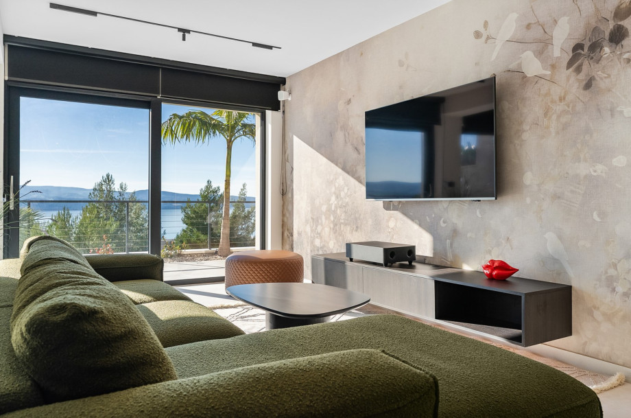 The indoor entertainment area is furnished with a comfortable sofa, a TV with satellite channels, and has a glass sliding door that connects to the outdoor spaces.