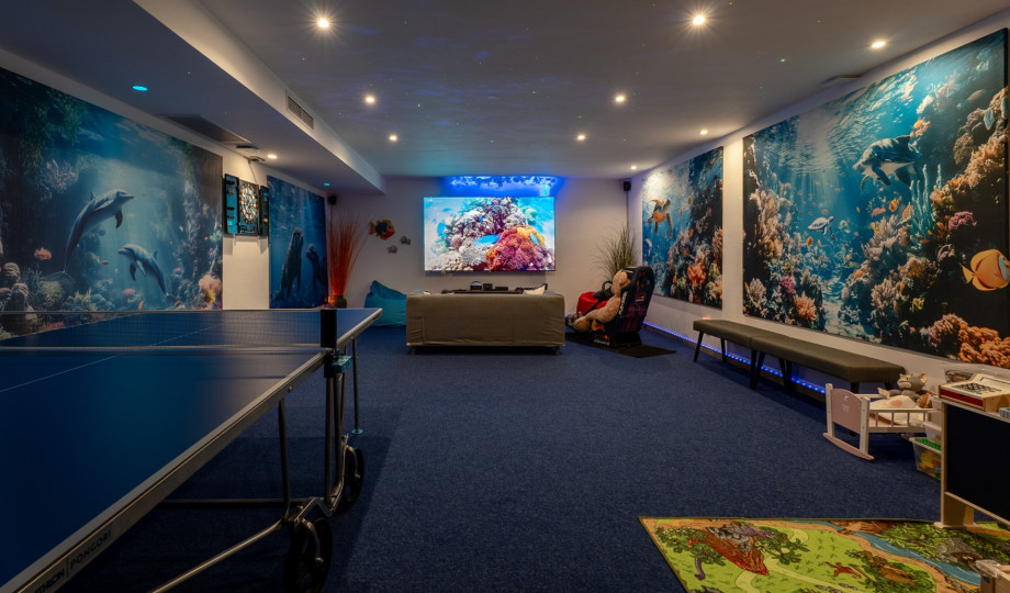 Spacious media room with a PlayStation,a table tennis and lots of toys for the youngest