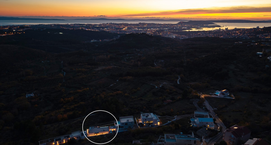 Aerial view of the villa in the Klis region at night, highlighting its stunning location near Split.