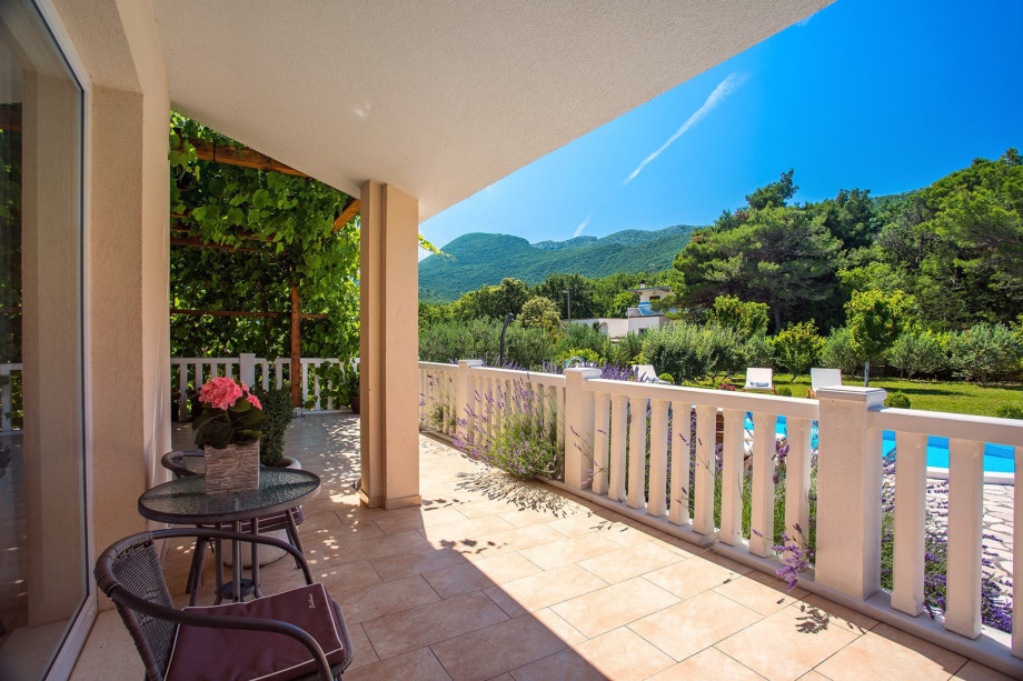 Terrace in front of the villa with pool view