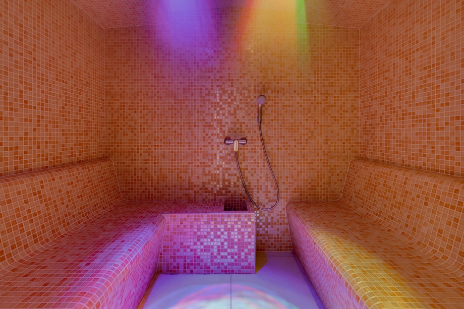 Luxurious spa area with steam room, shower, and whirlpool