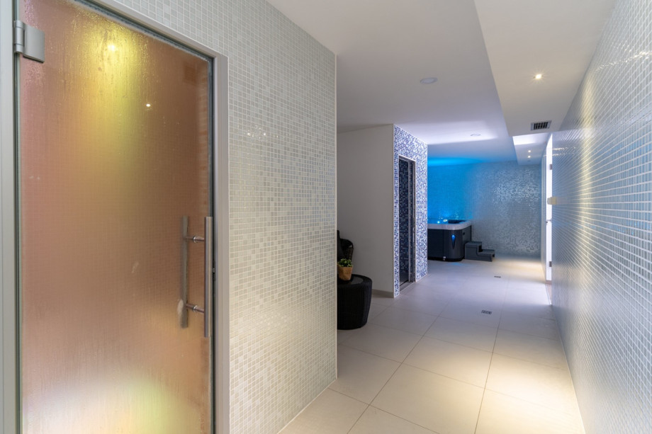 Luxurious spa area with steam room, shower, and whirlpool