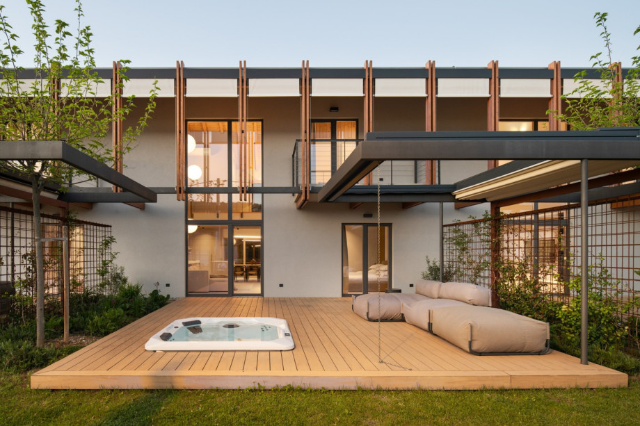 Exterior view of a living unit showing the southern terrace with its private whirlpool and lounge.