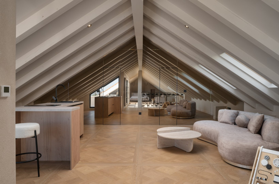 The 63 m2 attic includes a functional kitchenette and a cozy, modern living space.