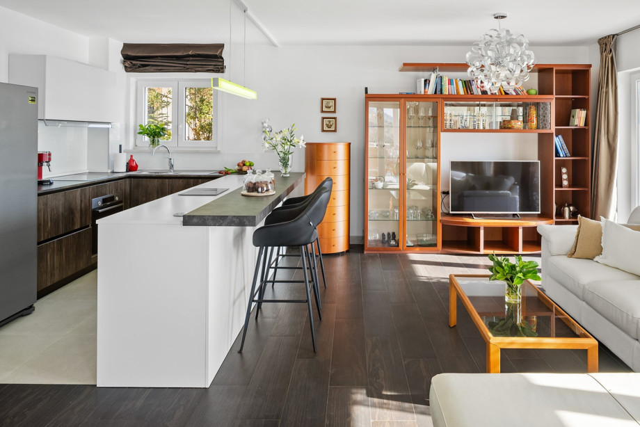 The open-plan living space seamlessly connects the fully equipped modern kitchen with a living area featuring a TV, bookshelves, and contemporary decor