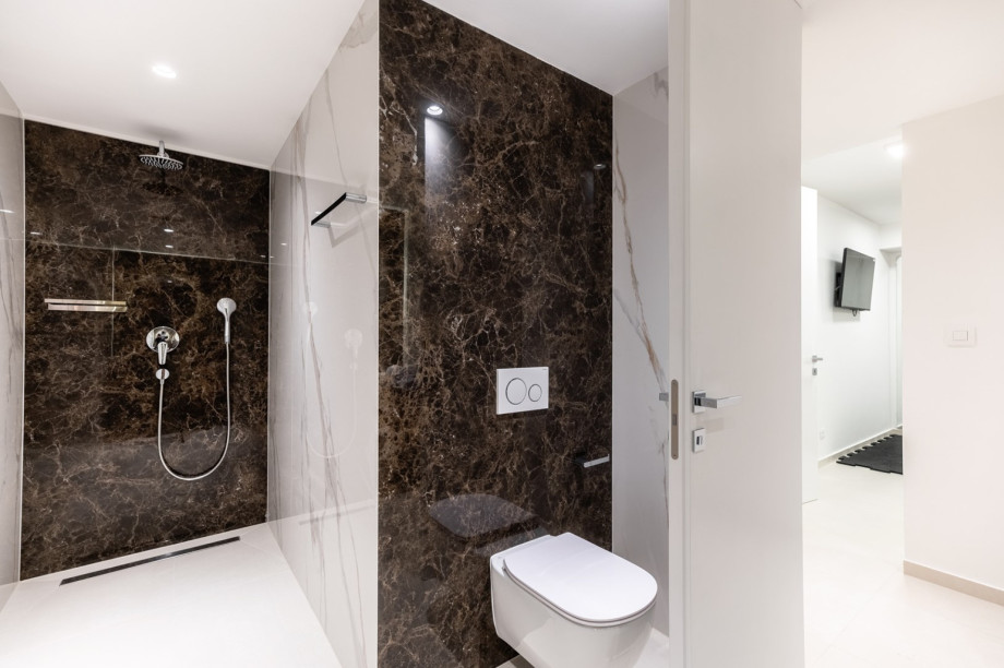 A Family bathroom with two sinks and a shower