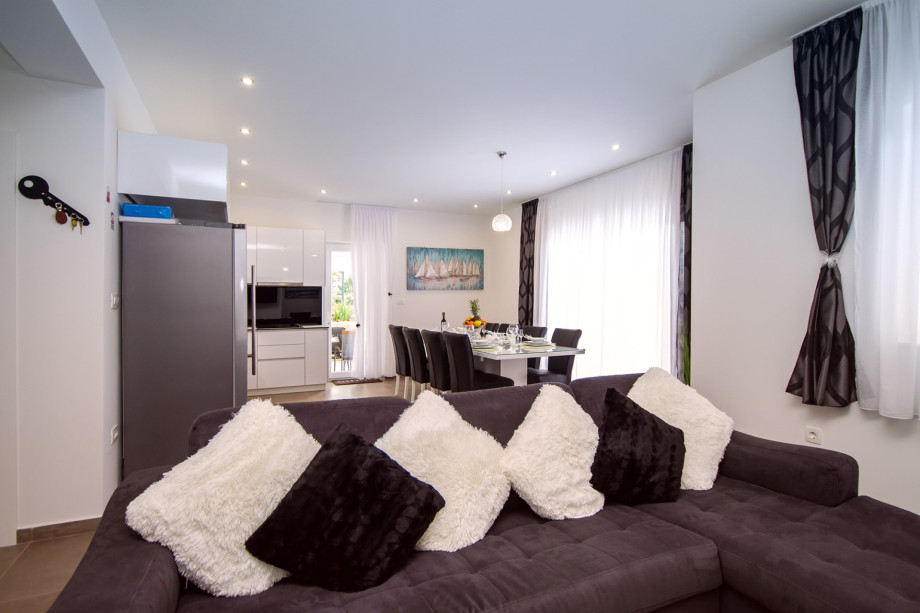 Living and dining area with a table for 12 persons, fully equipped kitchen