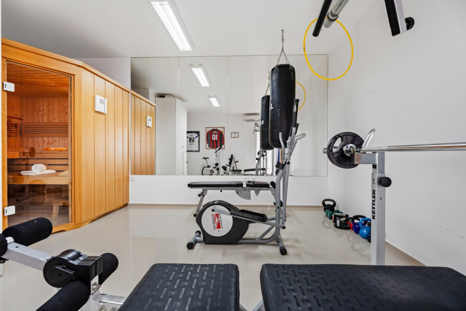 Air-conditioned gym with an exercise bike, Orbitrack, weights, and sauna