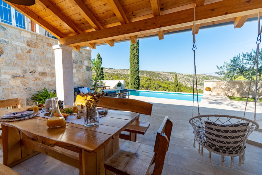 Covered outdoor dining area for 8 people.