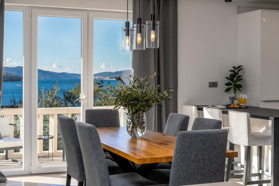 Kitchen island and all the needed amenities a modern guest needs .