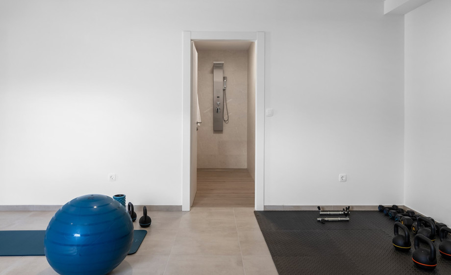 Gym featuring a treadmill, an exercise bike, a bench, equipment for yoga and pilates, some weights, a shower, and air conditioning