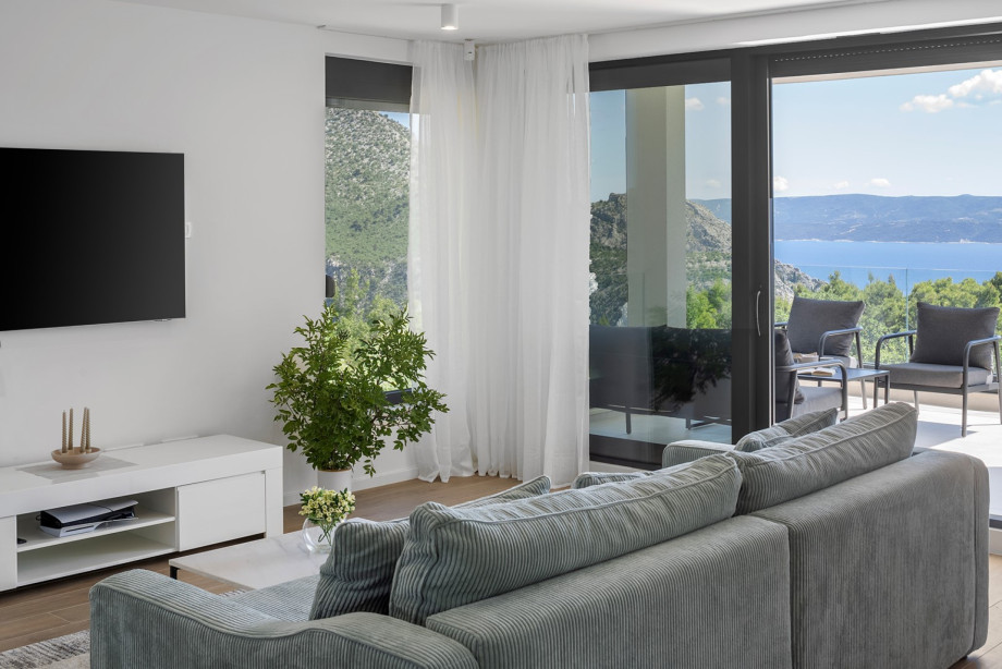 Wohnzimmer mit Klimaanlage, einem Flachbild-TV und einem Sofa