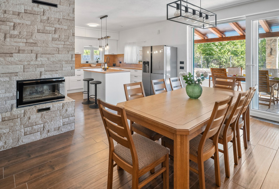 The fully equipped kitchen, complete with a stylish island