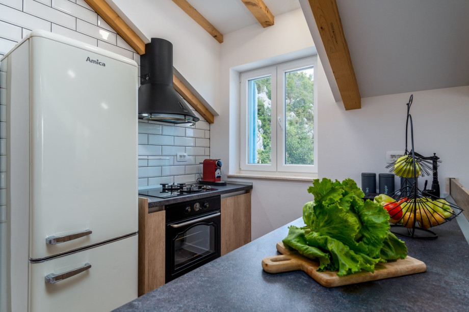 A fully equipped kitchen with a dishwasher, a toaster, water kettle, a coffee machine Nespresso