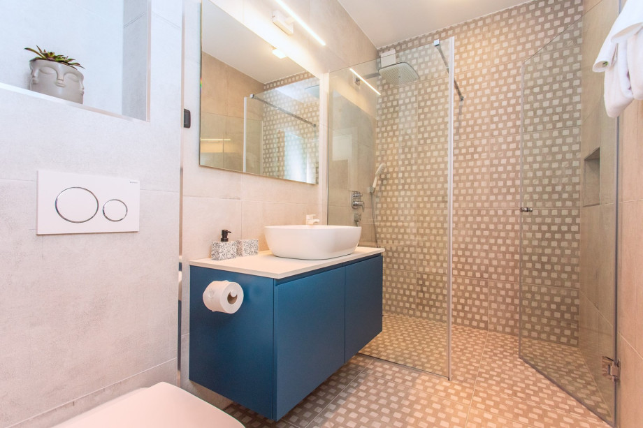 An en-suite bathroom with a shower, a sink, and a toilet.