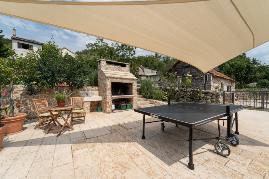 A cozy shaded corner with table tennis and a barbecue .