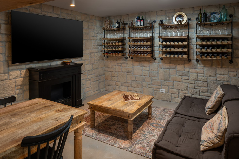 A traditionally decorated fun zone that offers a wine selection, which is available for purchase