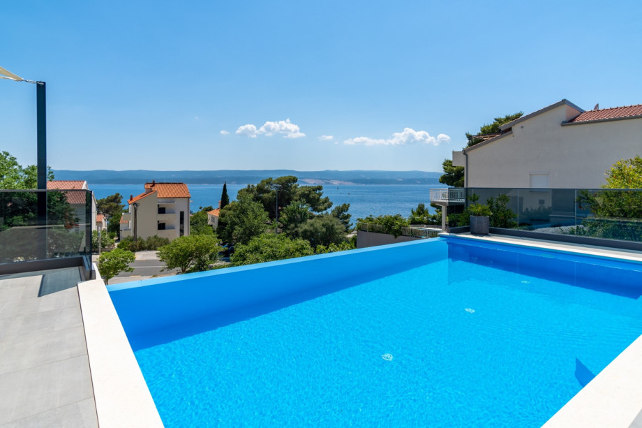 Private 32sqm heated pool with 6 lounge chairs and outdoor furniture