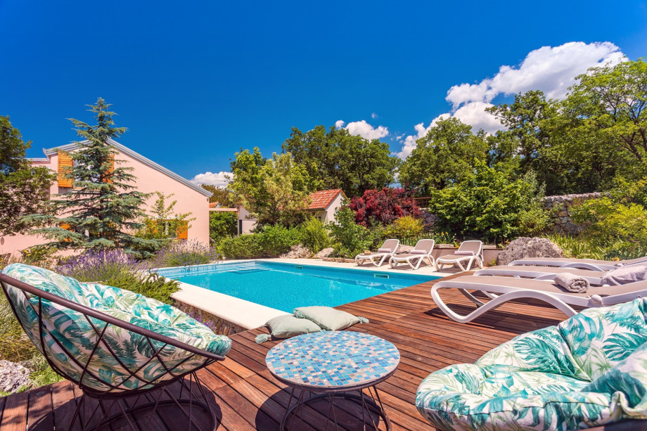 Heated pool with massage, geyser, anti-current swimming and lights in  colors