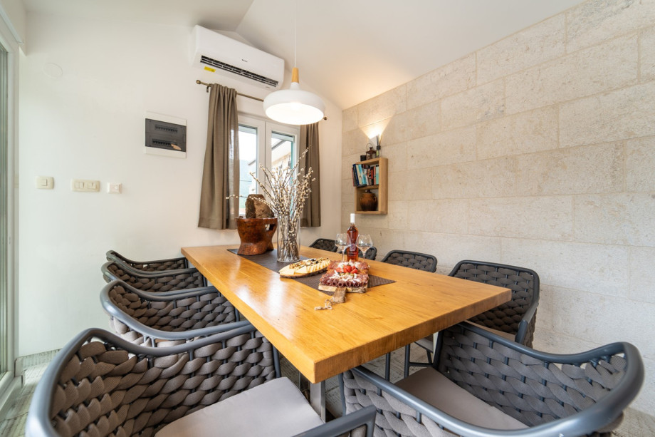 Comfortable indoor dining area with seating for the whole group.