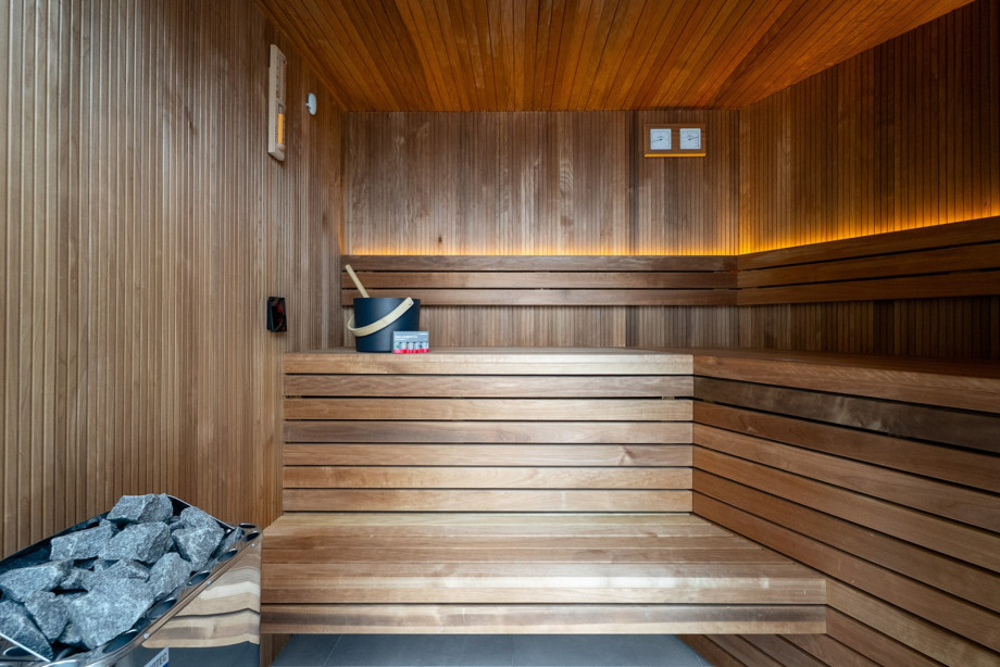 A Finnish sauna that is located in the pool area