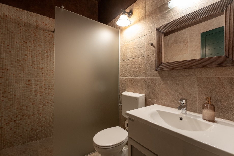 Convenient poolside bathroom featuring a walk-in shower and private toilet.