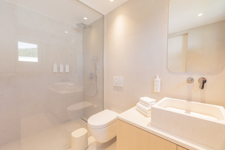 An en-suite bathroom with a shower, a sink, and a toilet