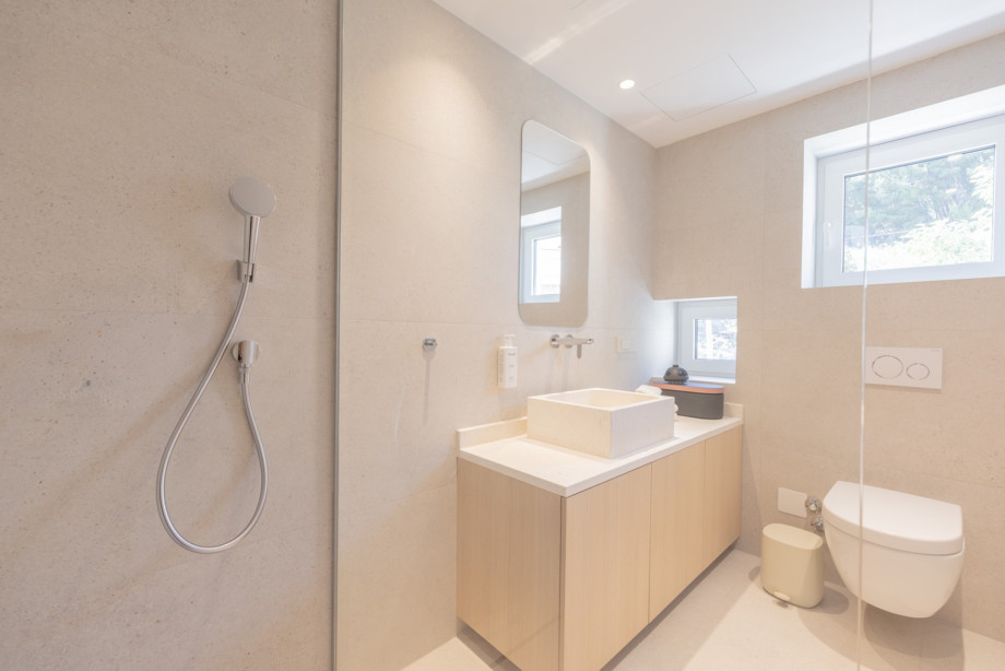An en-suite bathroom with a shower, a sink, and a toilet