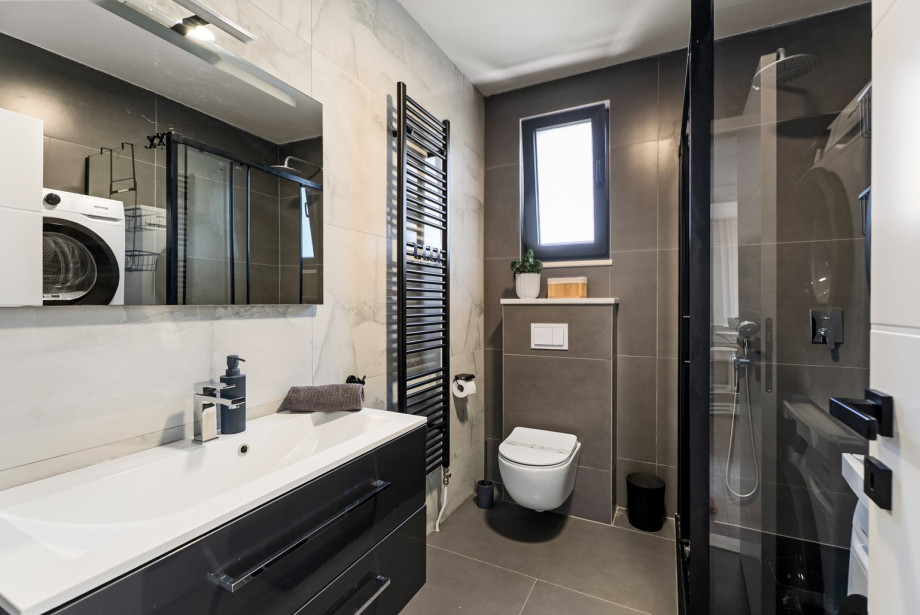 The family bathroom includes a sink, shower, toilet, and a washing machine, ensuring convenience for all guests.