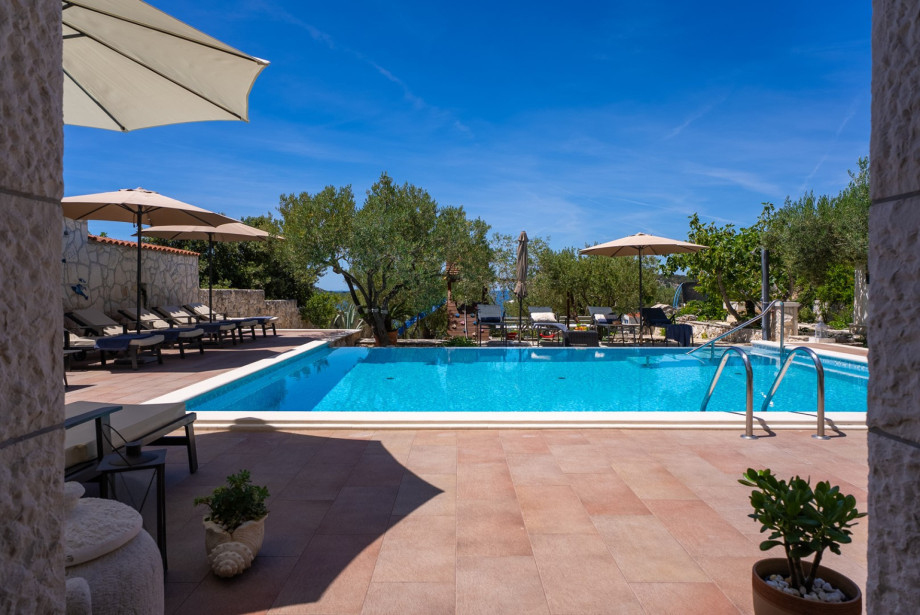 The large, no-chlorine private swimming pool is surrounded by olive trees and sun loungers.