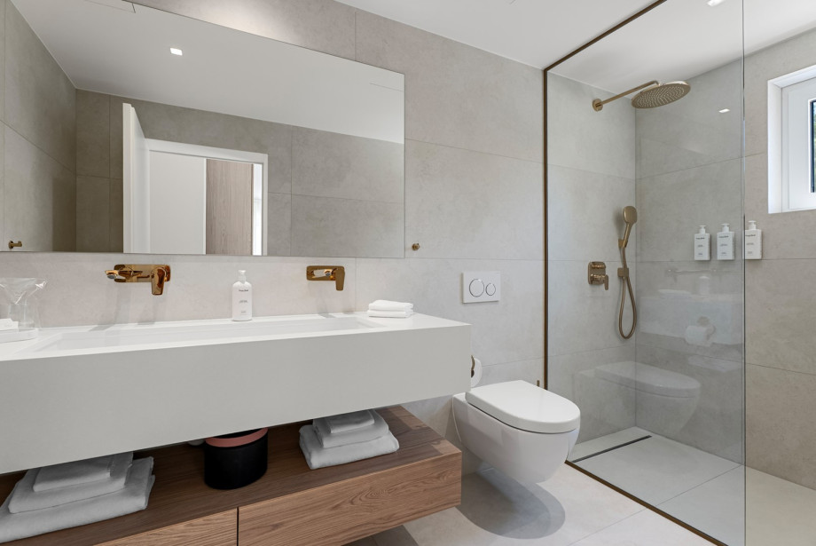 An en-suite bathroom with a shower, double sink, and a toilet