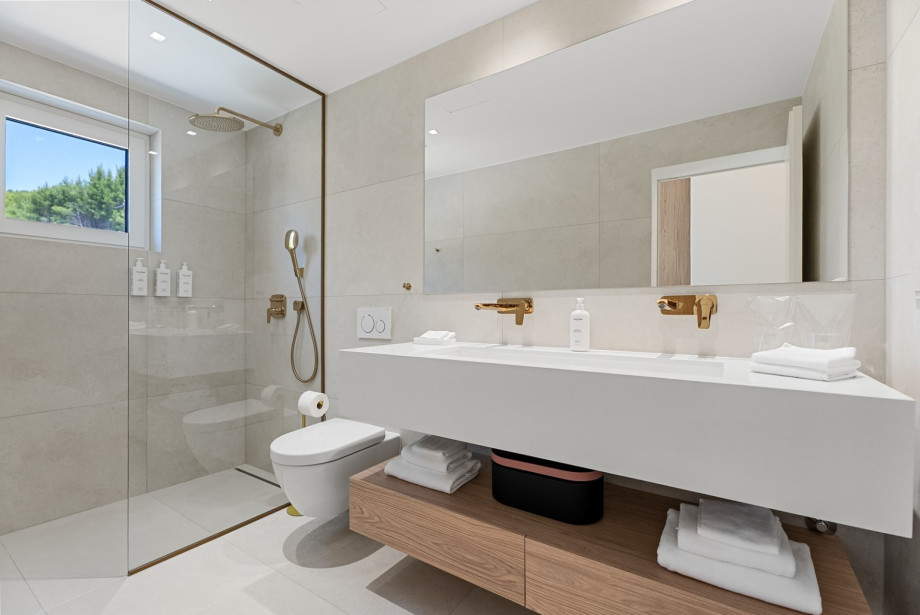 An en-suite bathroom with a shower, double sink, and a toilet